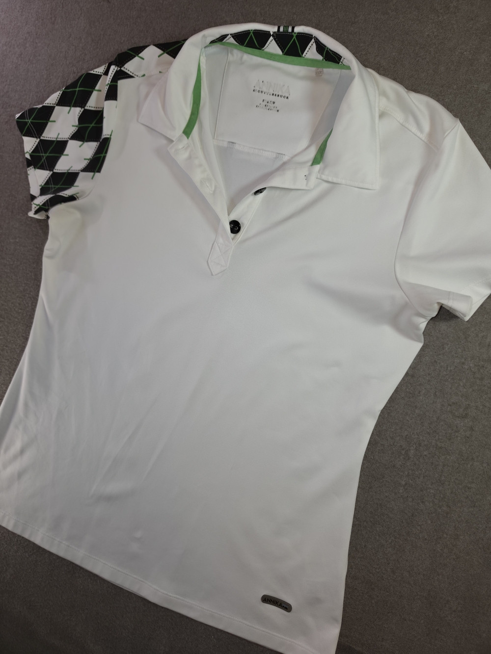 Annika White Golf Polo Black & Green Argyle Print Moisture Wicking Small